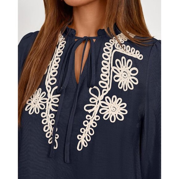 Womens Boho V Neck Ruffle Long Sleeve Floral Embroidered Blouse XS-XXL - Picture 5 of 8